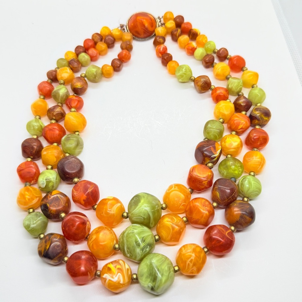 1960's Kramer Colorful Marbled Lucite Chunky Triple Strand Bead Necklace Choker